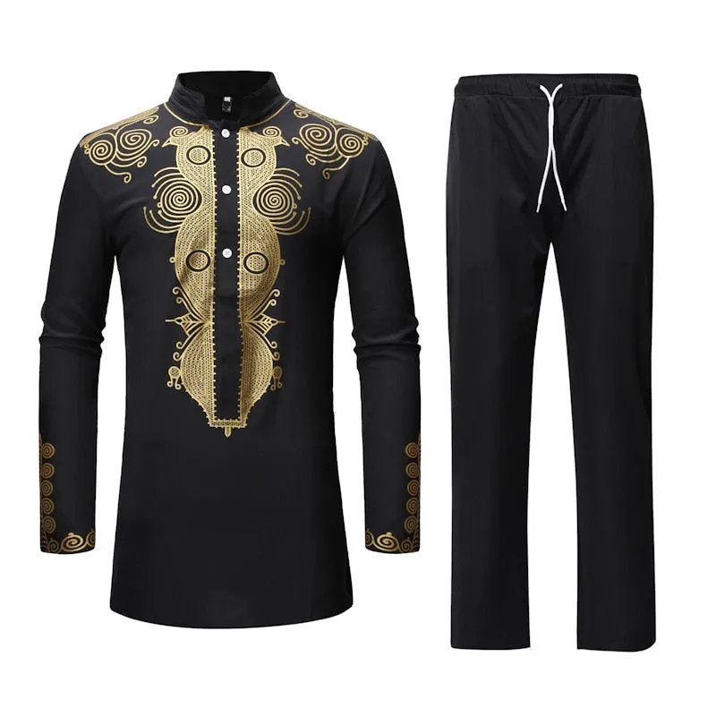 Men's African 3D Printed Ethnic Full Sleeve Traditional Two-Piece Suit