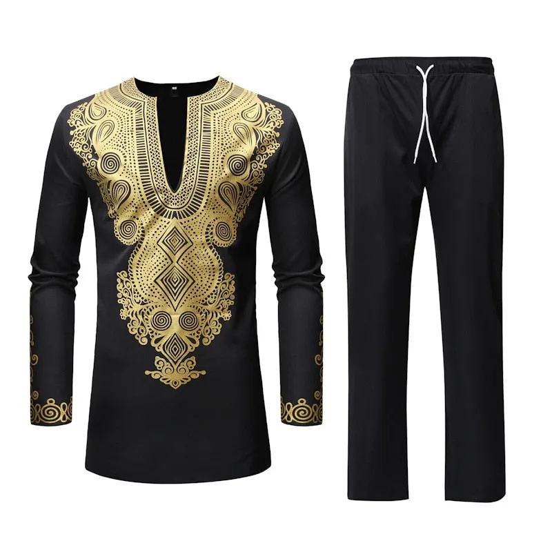 Men's African 3D Printed Ethnic Full Sleeve Traditional Two-Piece Suit