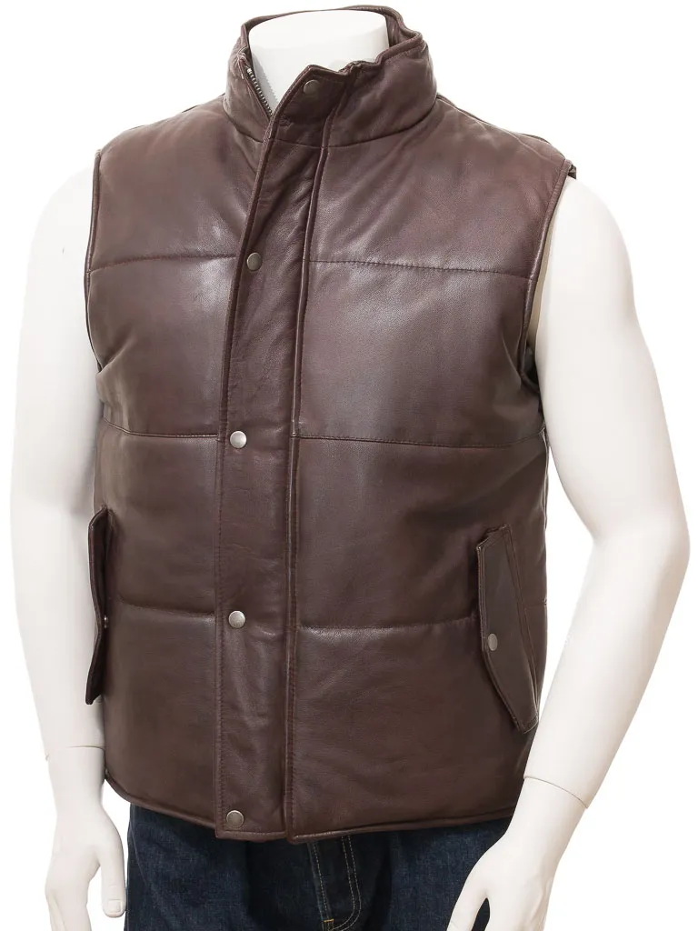 MEN'S BROWN LEATHER QUILTED GILET: MAMHEAD