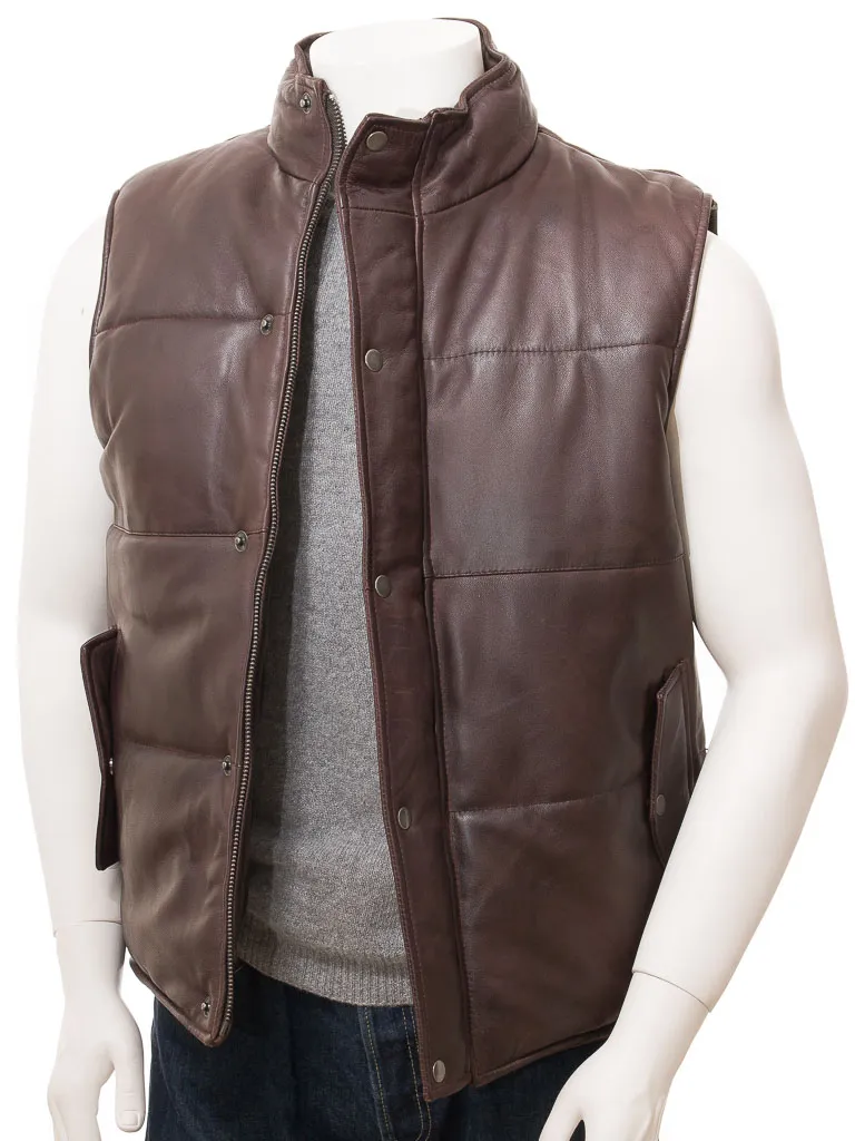 MEN'S BROWN LEATHER QUILTED GILET: MAMHEAD