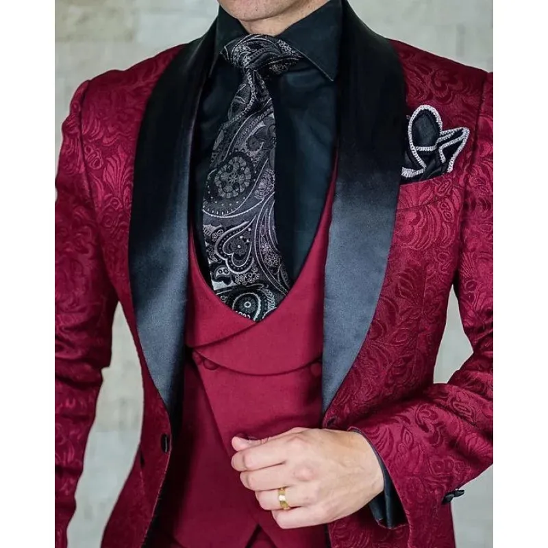 Men's Burgundy Slim Fit Tuxedos Blazer Vest Pants Three-Piece Suit