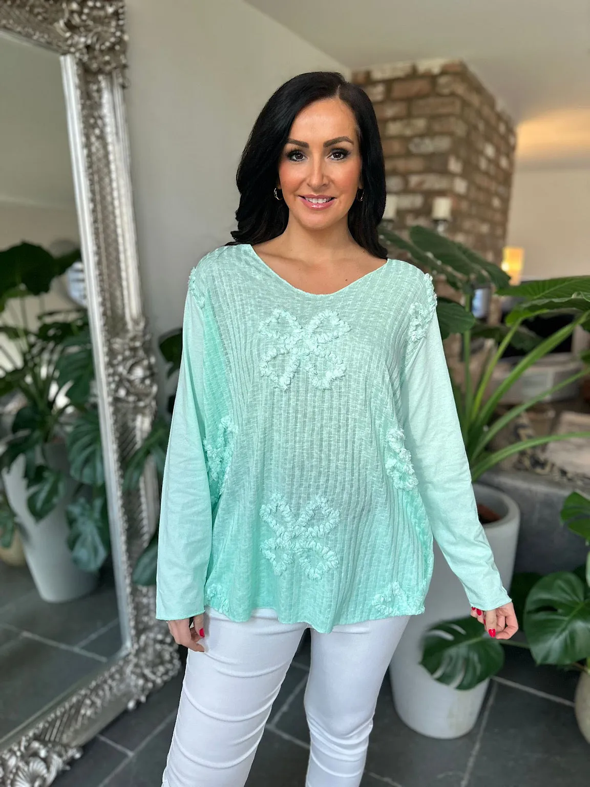 Mint Ribbed Clover Pattern Top Maisie