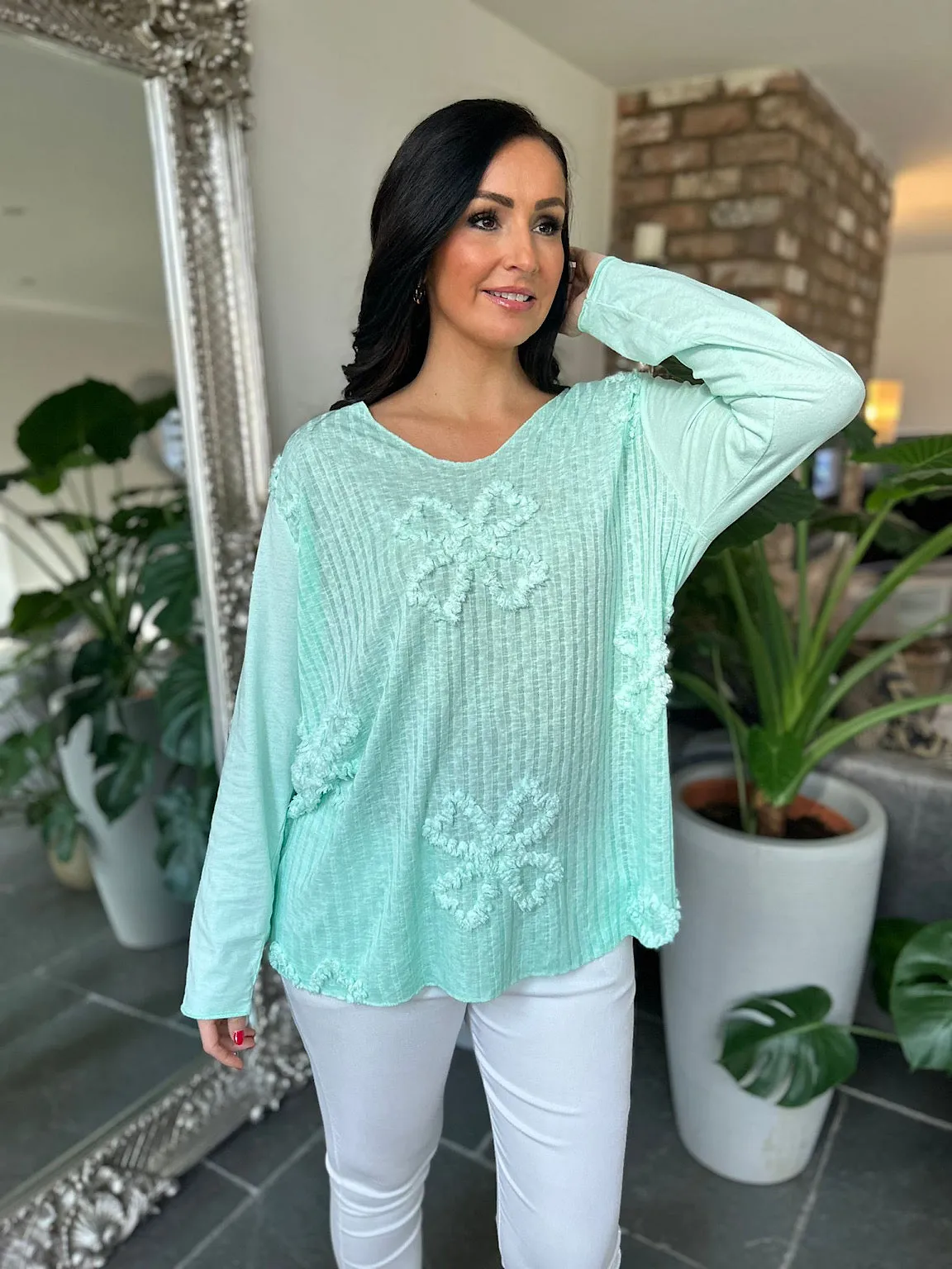 Mint Ribbed Clover Pattern Top Maisie