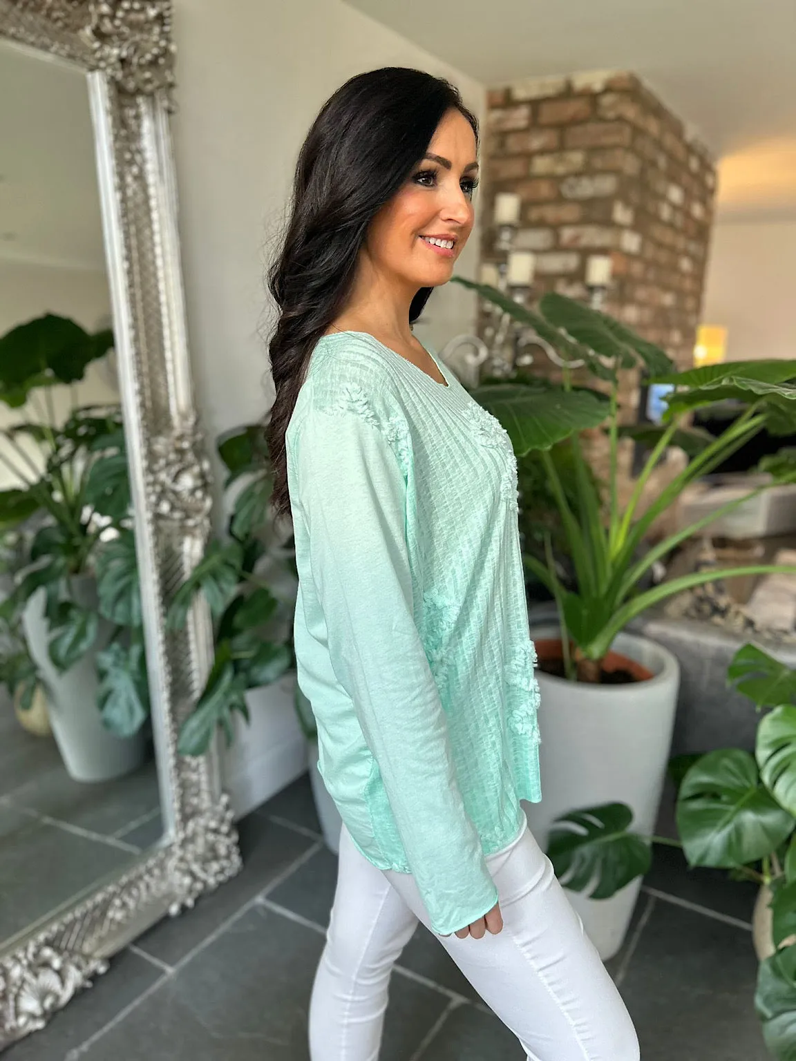 Mint Ribbed Clover Pattern Top Maisie