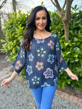 Navy Colourful Flower Top Debbie