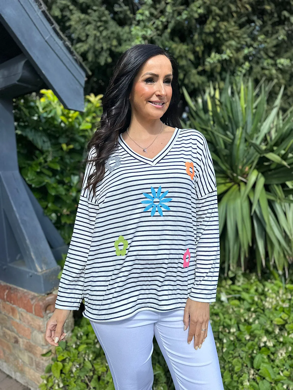 Navy Striped Glitter Pattern Top Joanna