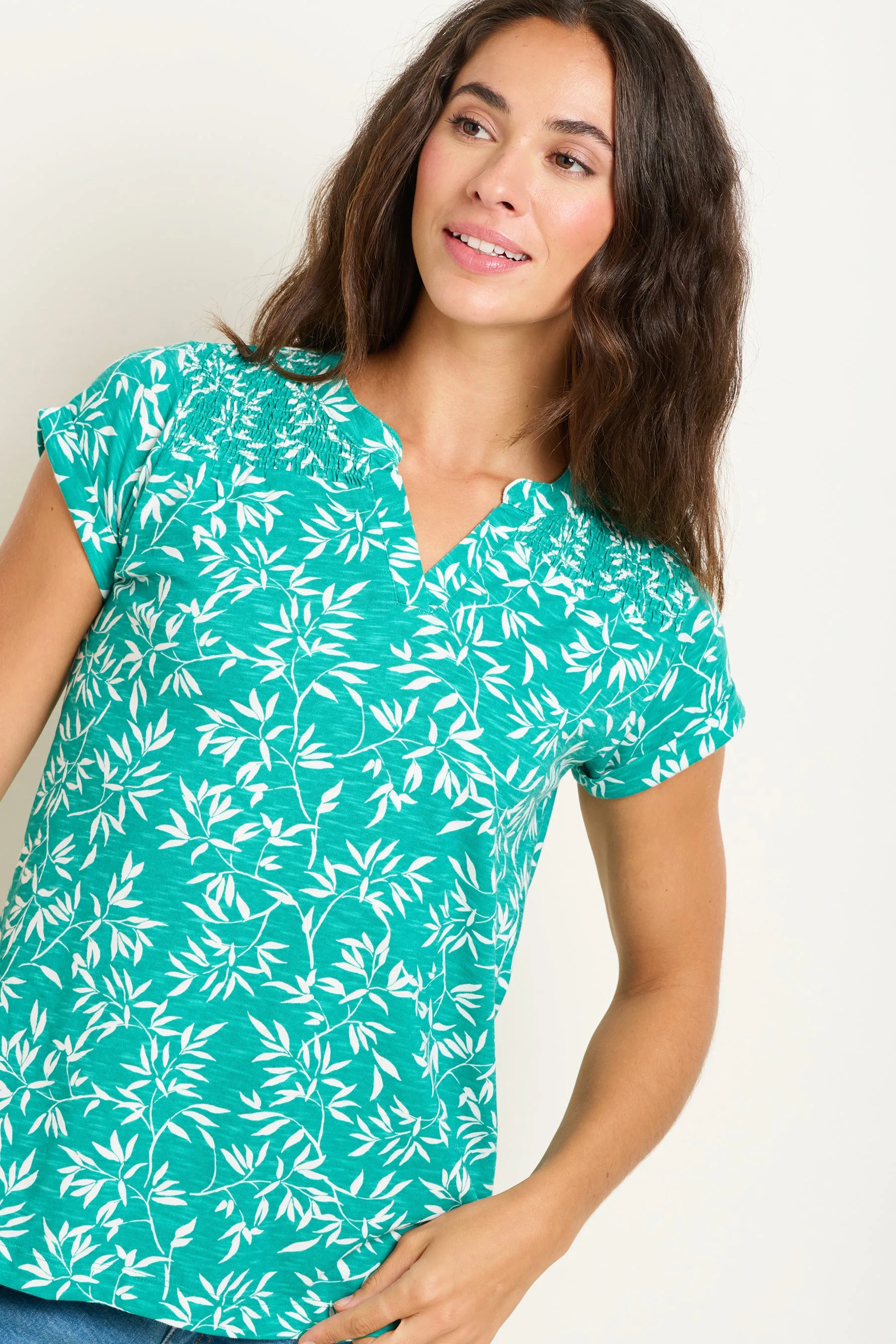 Notch Neck  Bamboo Leaves T-Shirt