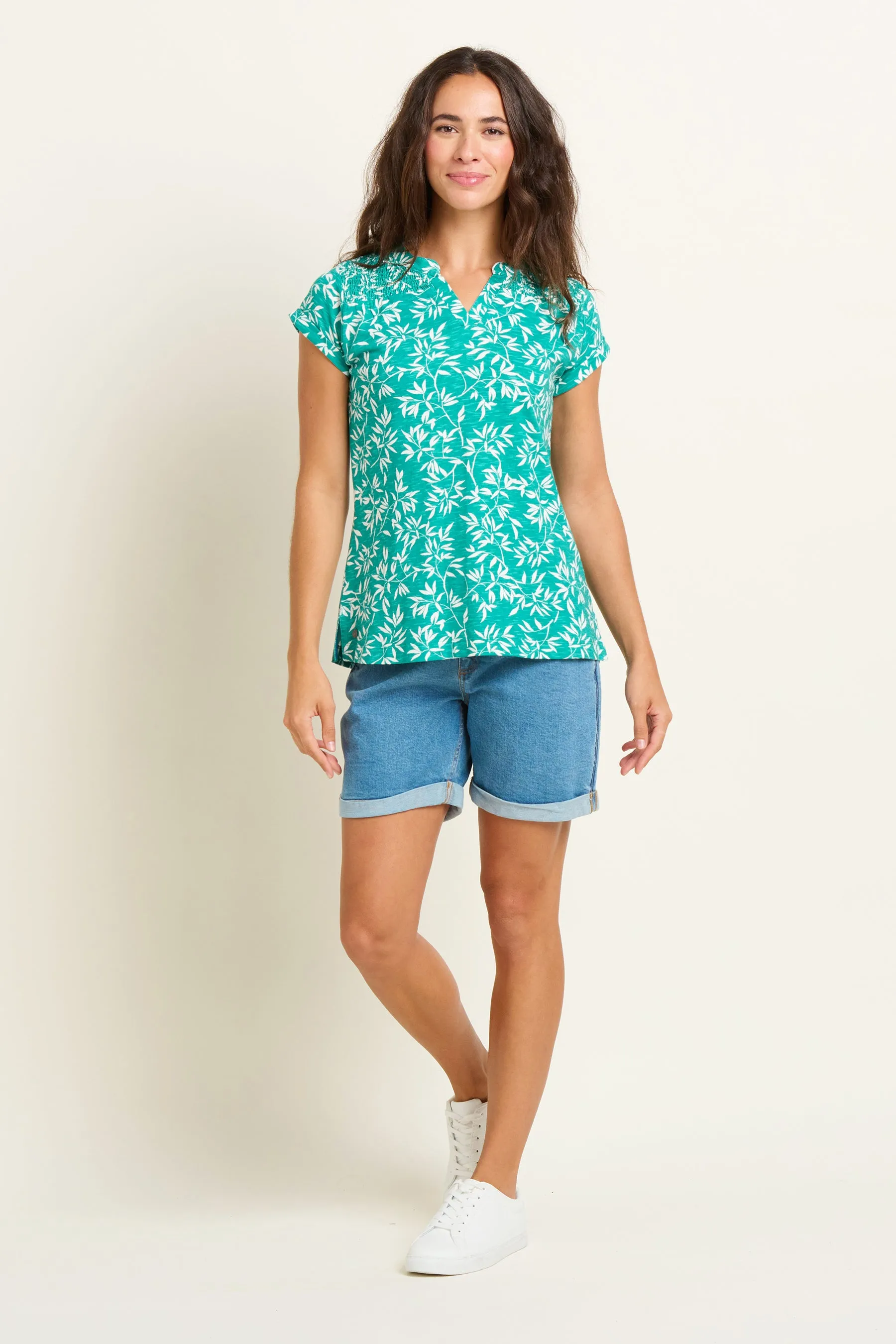 Notch Neck  Bamboo Leaves T-Shirt