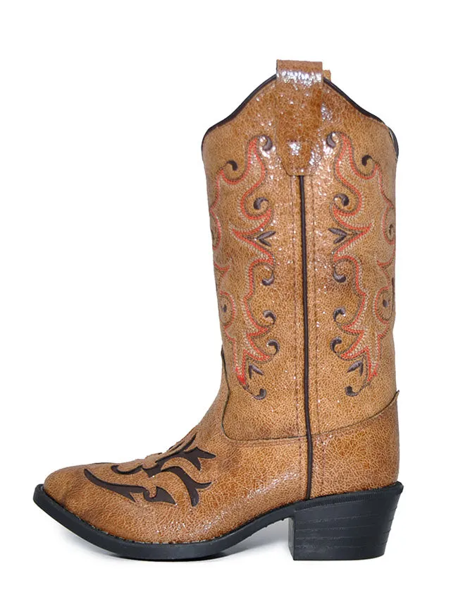 Old West VJ9113 Girls Inlay Round Toe Cowgirl Boots Tan