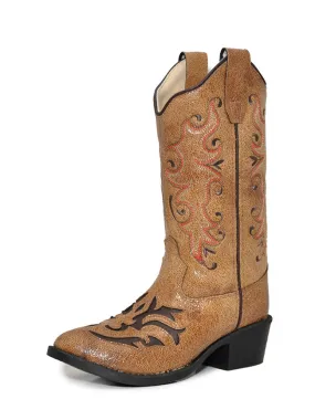 Old West VJ9113 Girls Inlay Round Toe Cowgirl Boots Tan