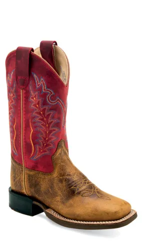 Old West Youth Unisex Square Toe Burnt Brown/Cloudy Red Leather Cowboy Boots