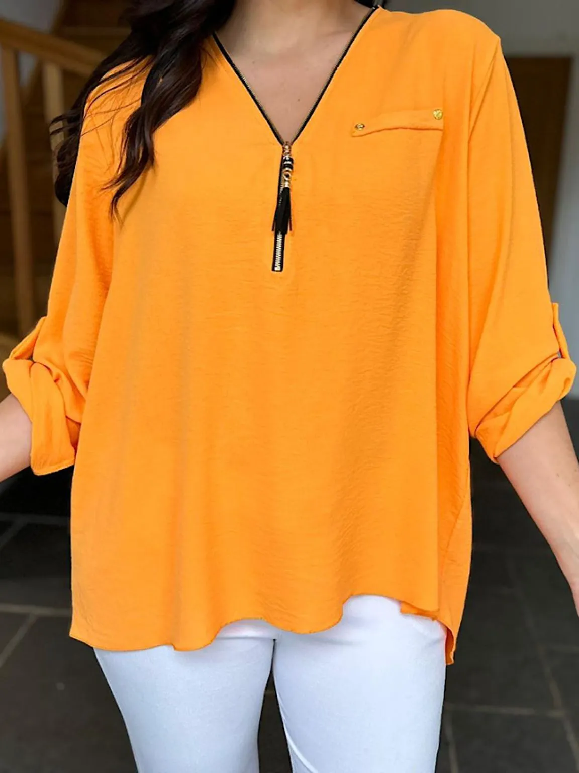 Orange Crepe Tassel Zip Blouse Kelly