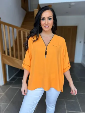 Orange Crepe Tassel Zip Blouse Kelly