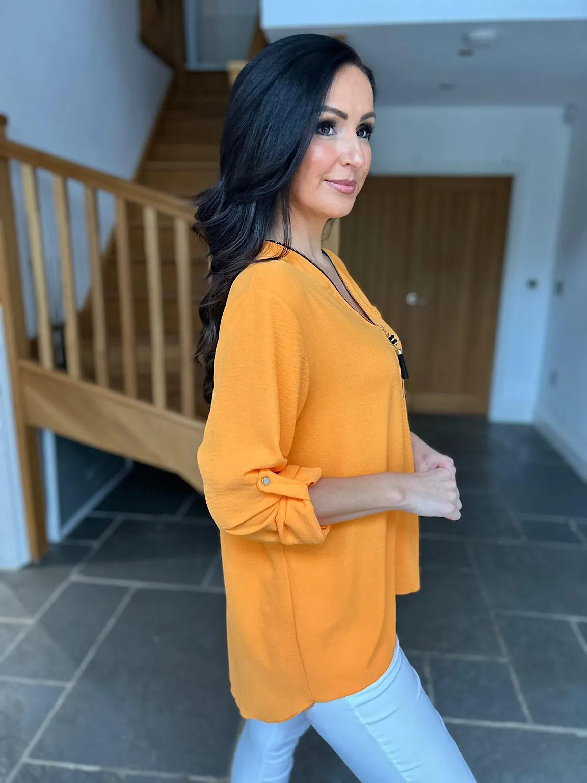 Orange Crepe Tassel Zip Blouse Kelly