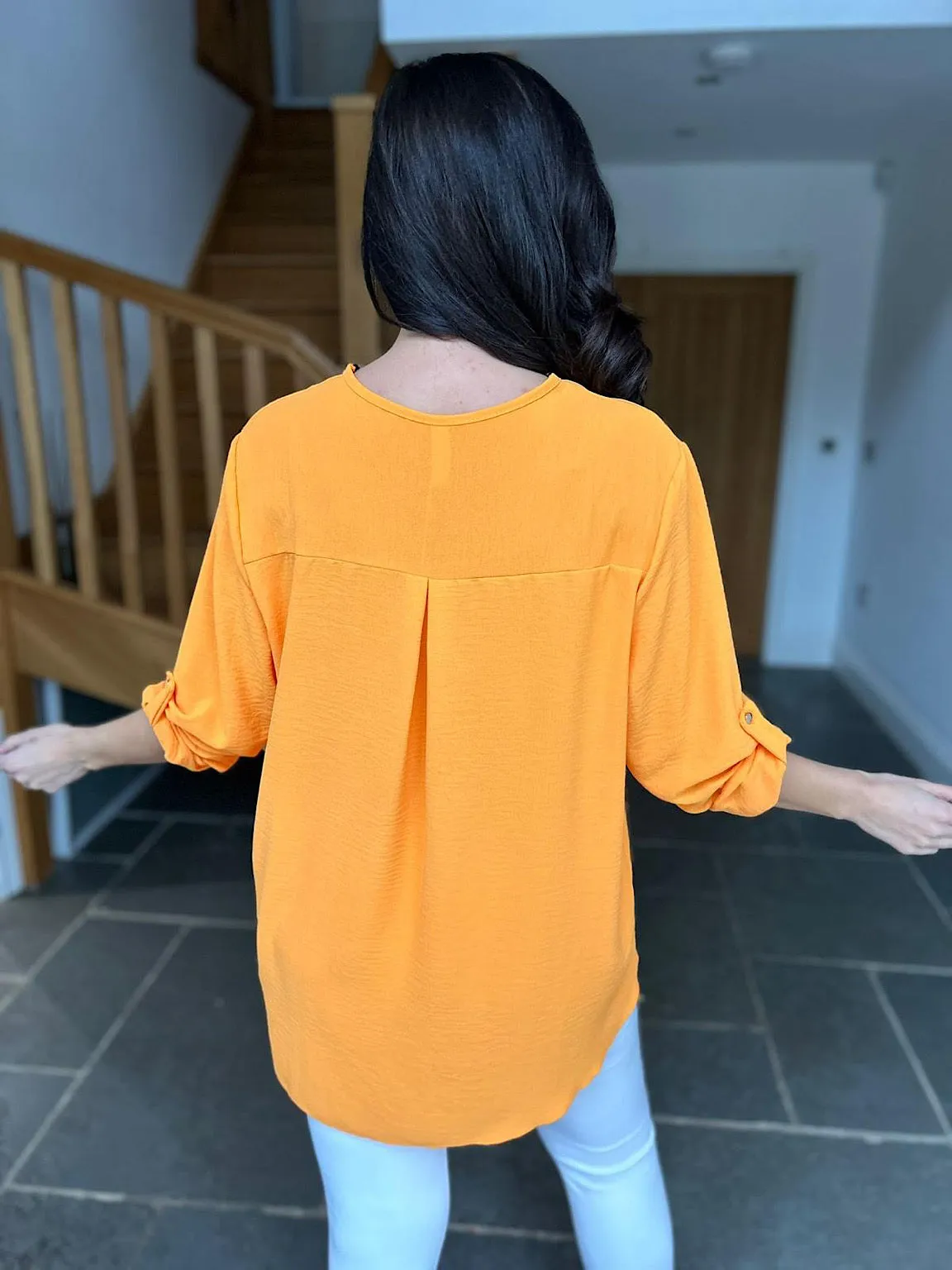 Orange Crepe Tassel Zip Blouse Kelly