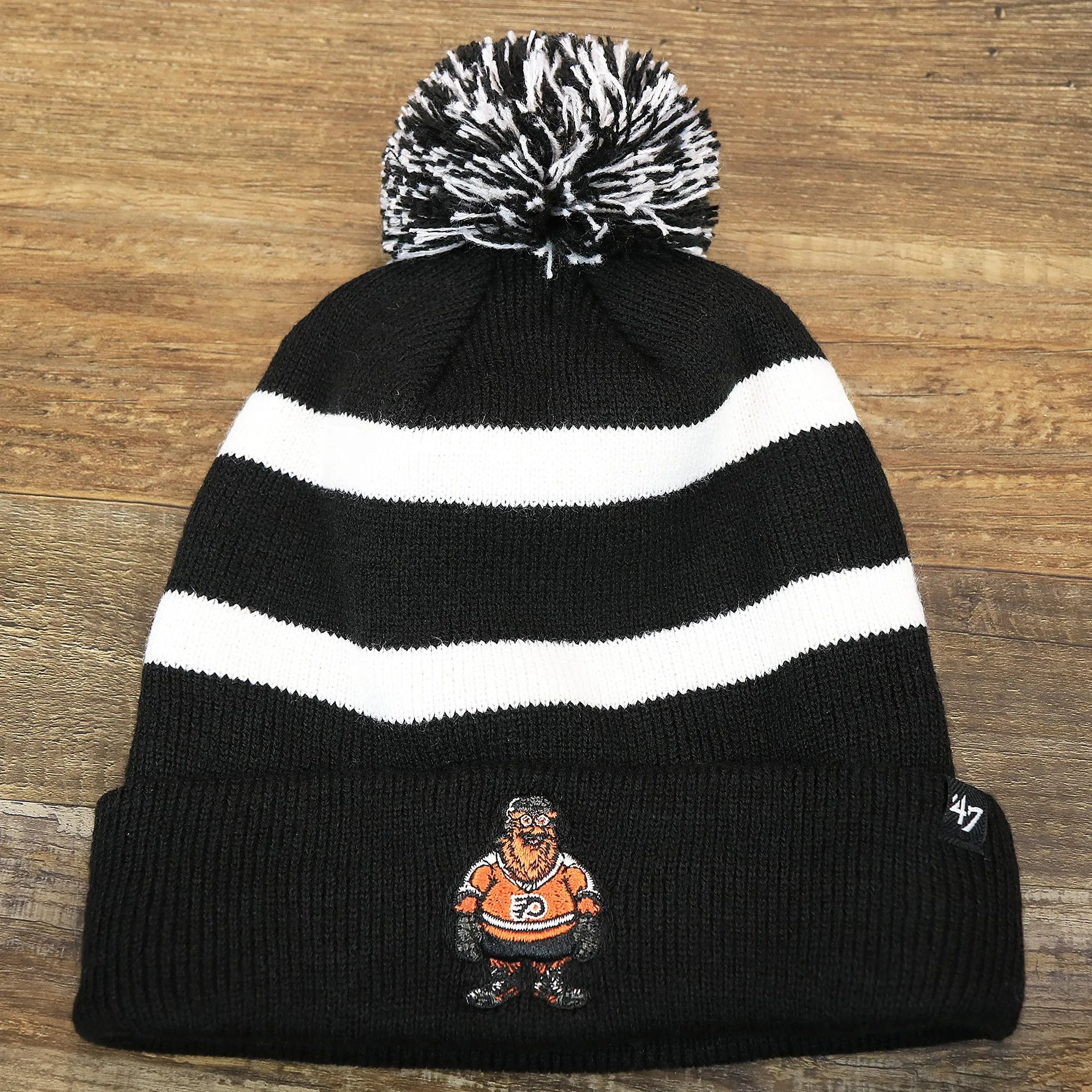 Philadelphia Flyers Mascot Gritty Black And White Striped Cuffed Pom Pom Winter Beanie | Black Winter Beanie