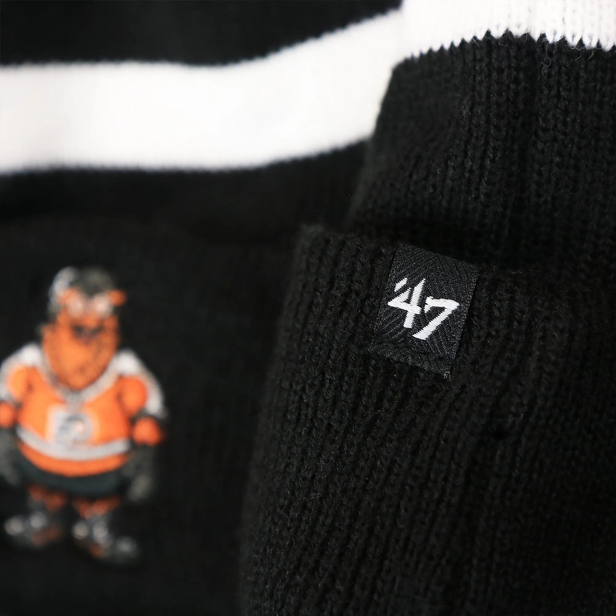 Philadelphia Flyers Mascot Gritty Black And White Striped Cuffed Pom Pom Winter Beanie | Black Winter Beanie