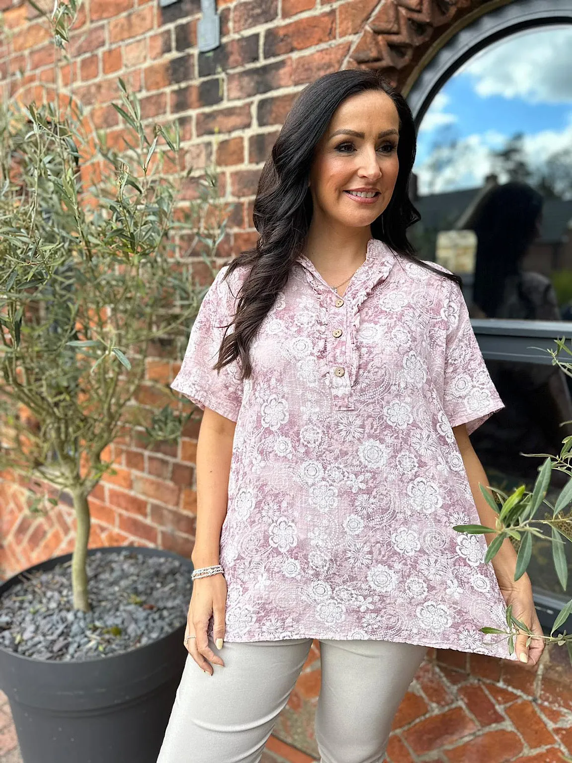 Pink Floral Patterned Frill Button Top Lisa