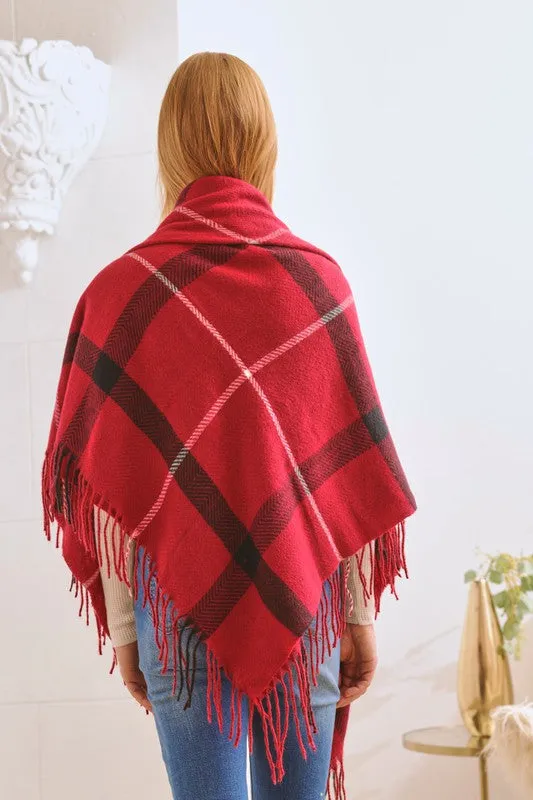 PLAID SQUARE FRINGE SHAWL SCARF