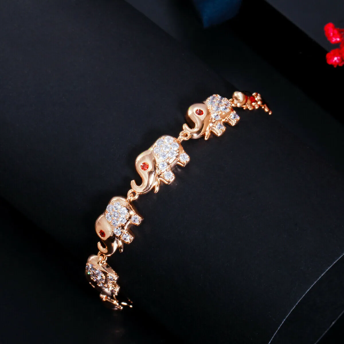 Rose Gold CZ Linked Elephant Petite Bracelet