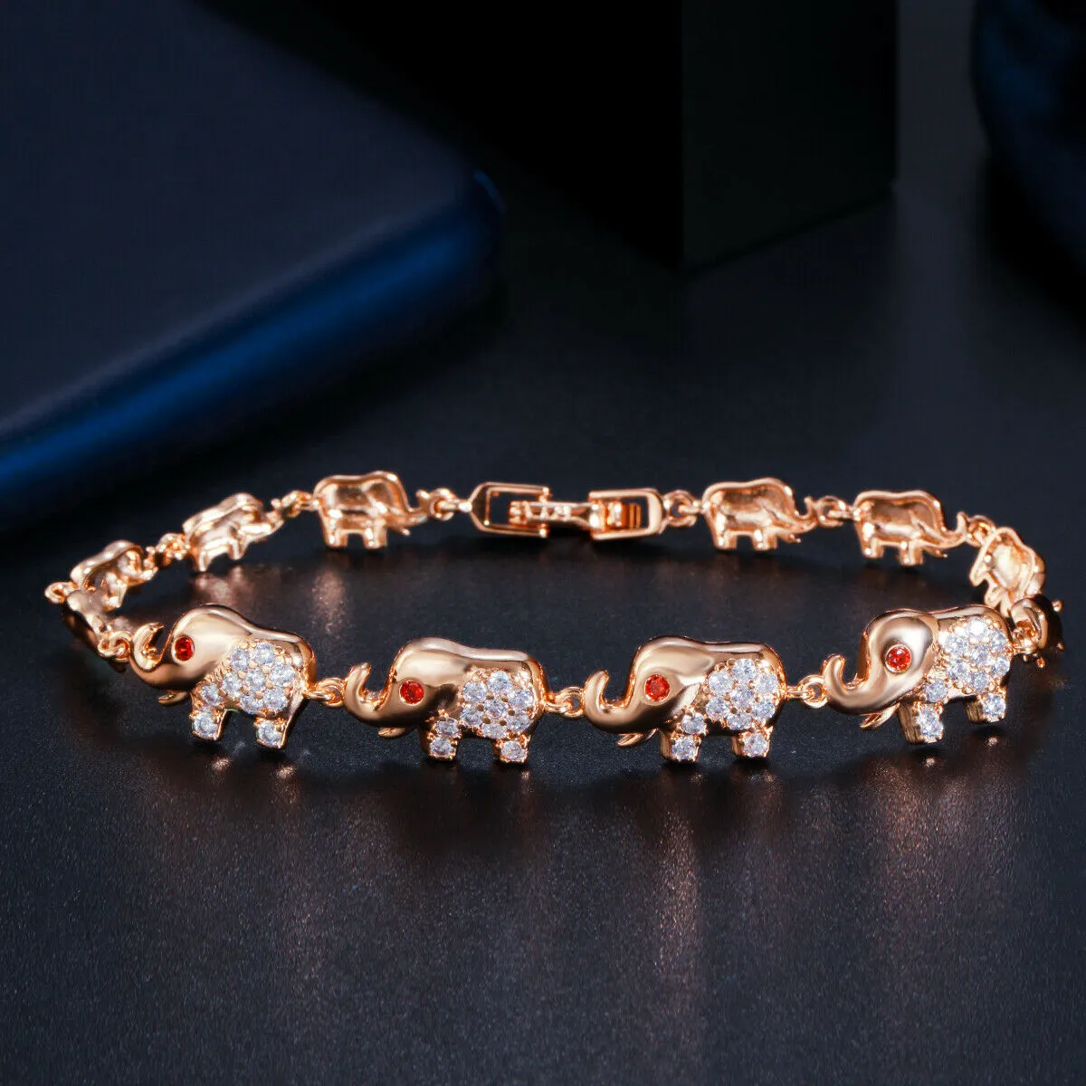 Rose Gold CZ Linked Elephant Petite Bracelet