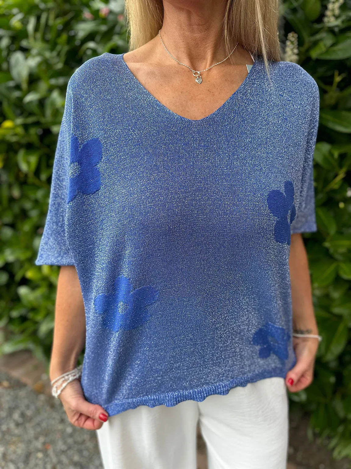 Royal Blue Lurex Shimmer Flower V Neck Carla