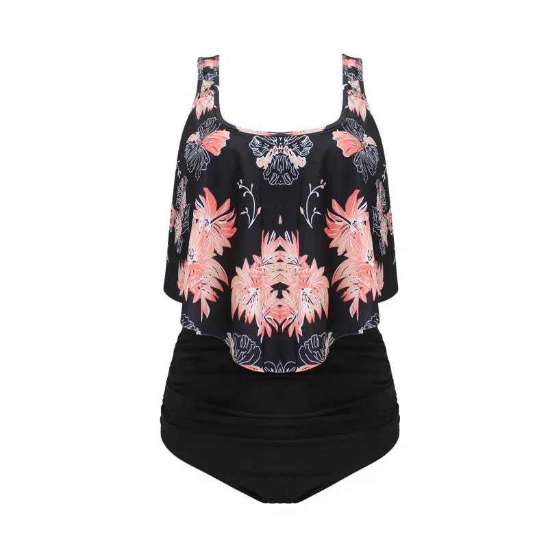 Ruffle High Waist Floral Print Women Plus Size Pool Swimming Suit