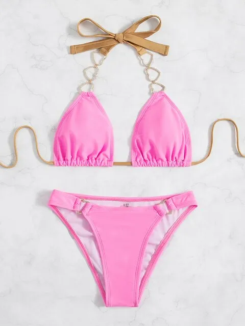 Sexy Solid Color Metal Ring Decor Wirefree Bra and Thong Two Piece Bikini Set