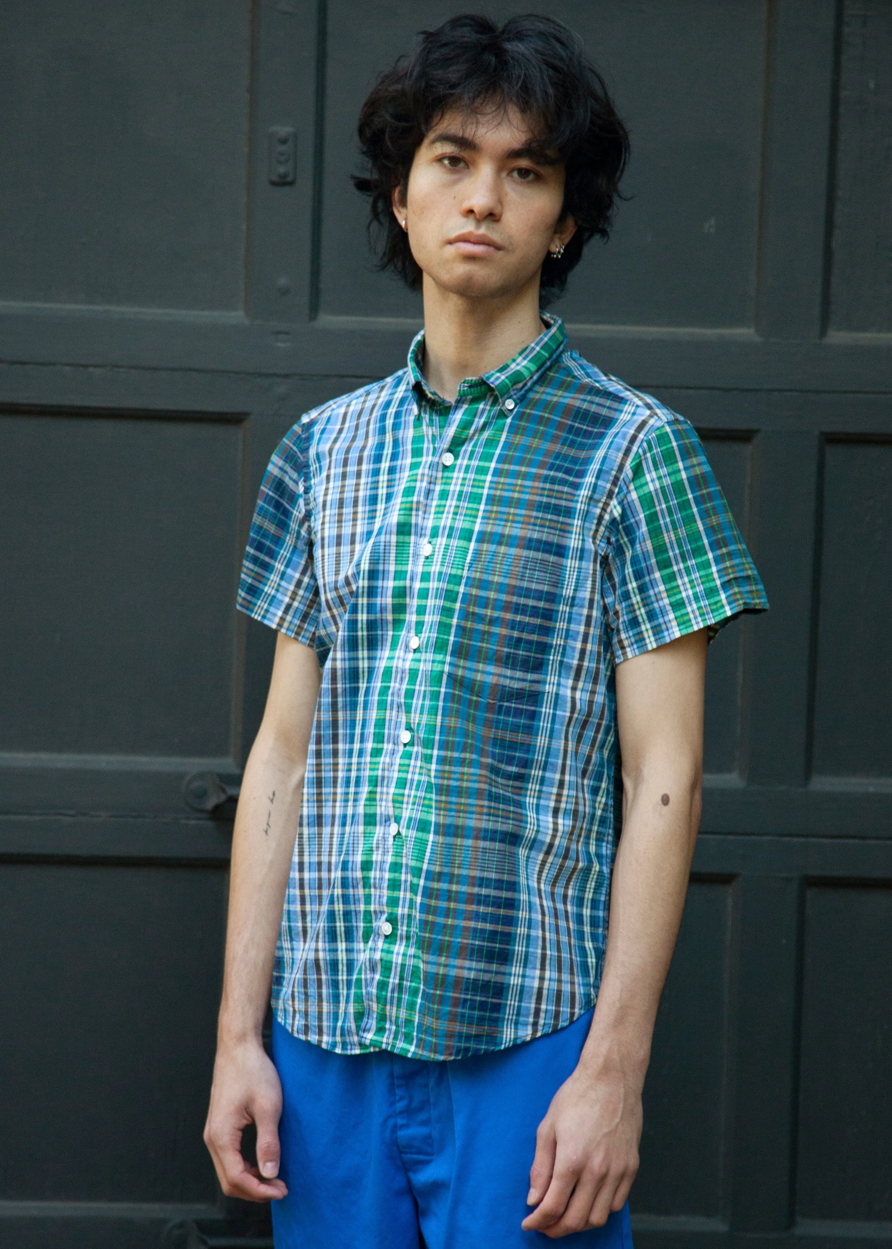 Short Sleeve Single Needle Shirt, Blue Madras