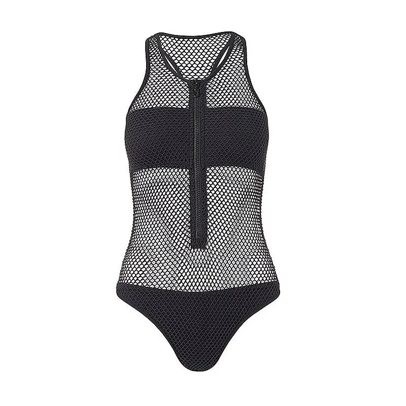 Sleek and Sexy Black and White High Cut One Piece Nylon Swimsuit for Women