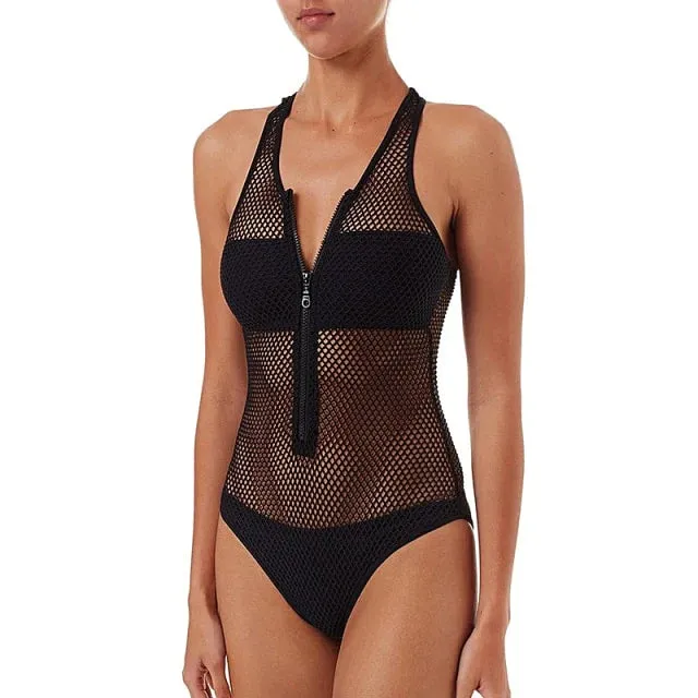 Sleek and Sexy Black and White High Cut One Piece Nylon Swimsuit for Women