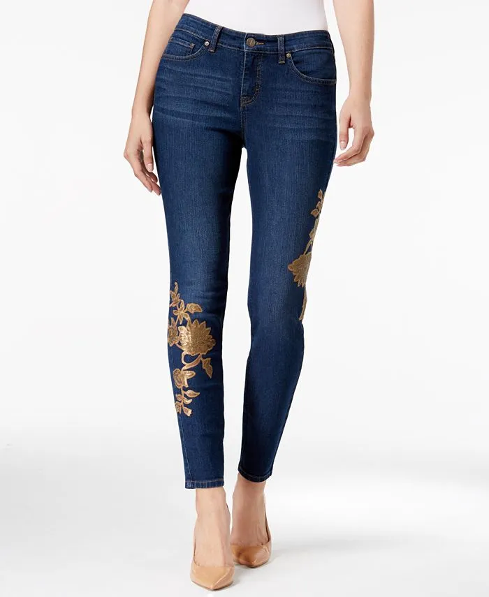 Style & Co. Women's Sequinned Floral Skinny Jeans Blue Size 2 Petite