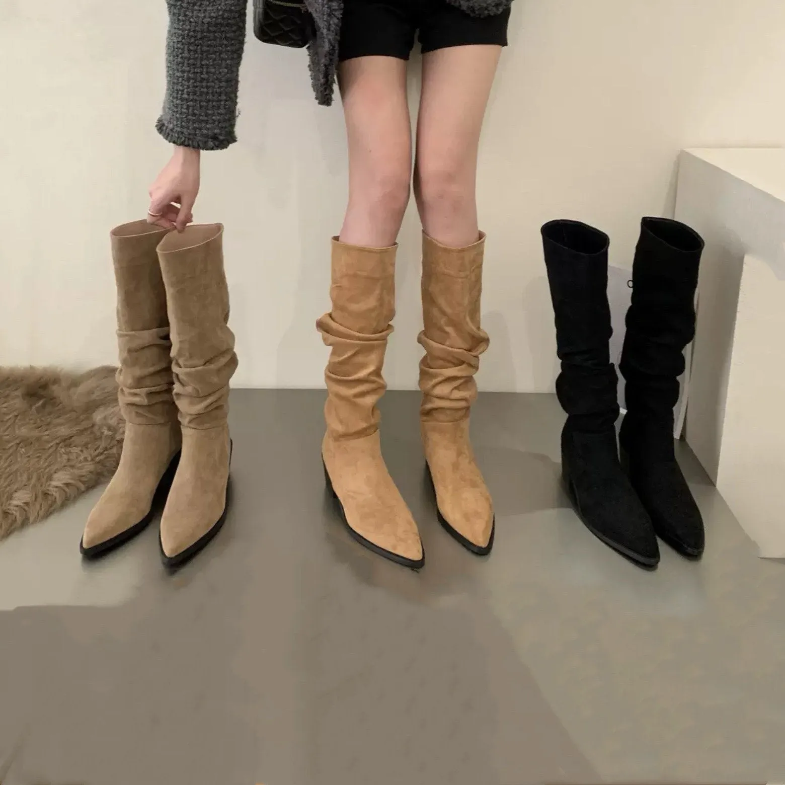 Stylish Suede Knee-High Boots for Women, Black Slouch Low Heel Boots, Kahki Point Toe Slouchy Suede Heel Boots, Size 35 36 37 38