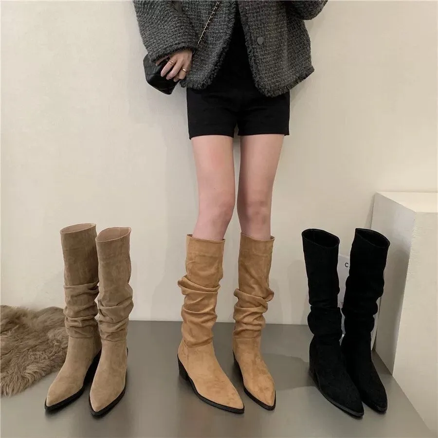 Stylish Suede Knee-High Boots for Women, Black Slouch Low Heel Boots, Kahki Point Toe Slouchy Suede Heel Boots, Size 35 36 37 38