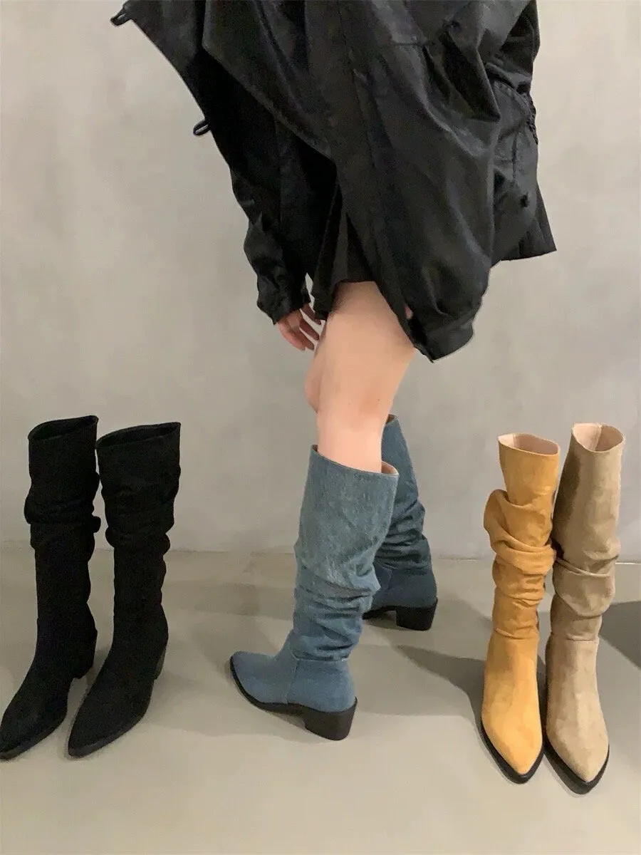 Stylish Suede Knee-High Boots for Women, Black Slouch Low Heel Boots, Kahki Point Toe Slouchy Suede Heel Boots, Size 35 36 37 38