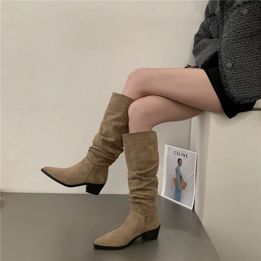 Stylish Suede Knee-High Boots for Women, Black Slouch Low Heel Boots, Kahki Point Toe Slouchy Suede Heel Boots, Size 35 36 37 38