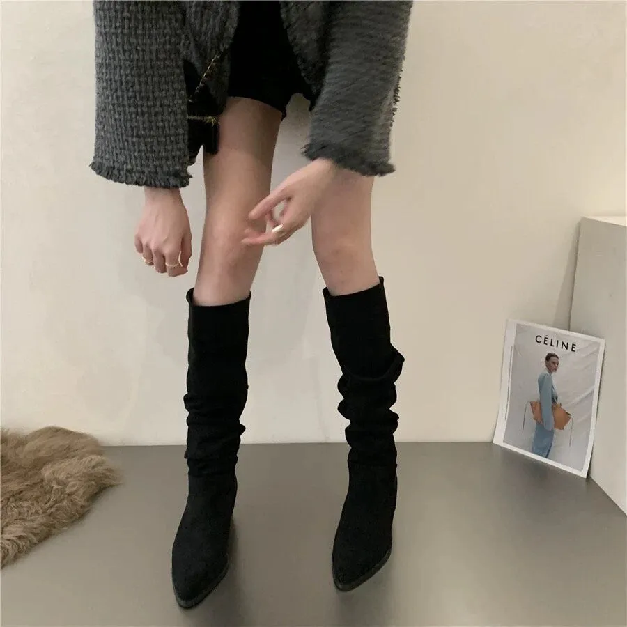 Stylish Suede Knee-High Boots for Women, Black Slouch Low Heel Boots, Kahki Point Toe Slouchy Suede Heel Boots, Size 35 36 37 38