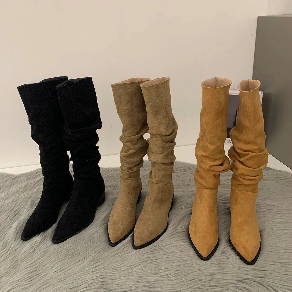 Stylish Suede Knee-High Boots for Women, Black Slouch Low Heel Boots, Kahki Point Toe Slouchy Suede Heel Boots, Size 35 36 37 38