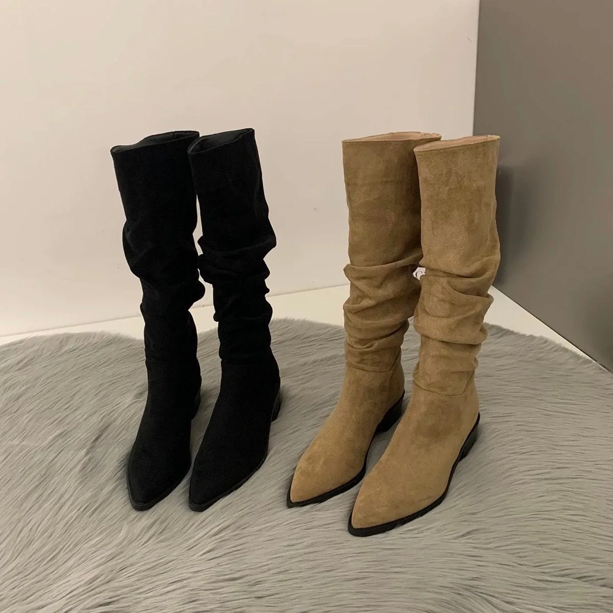 Stylish Suede Knee-High Boots for Women, Black Slouch Low Heel Boots, Kahki Point Toe Slouchy Suede Heel Boots, Size 35 36 37 38