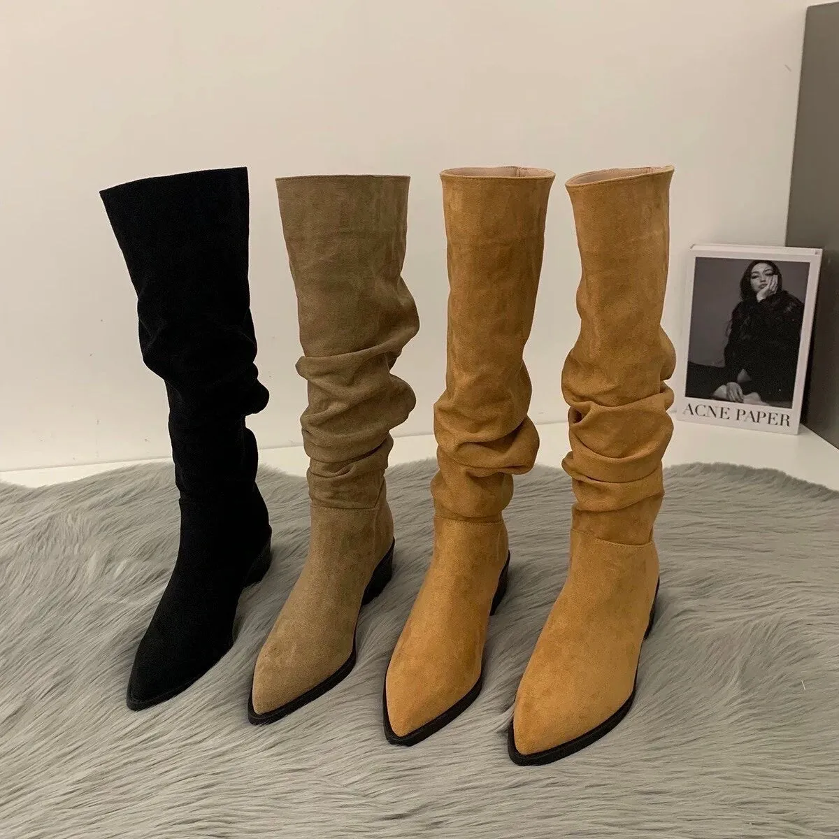 Stylish Suede Knee-High Boots for Women, Black Slouch Low Heel Boots, Kahki Point Toe Slouchy Suede Heel Boots, Size 35 36 37 38