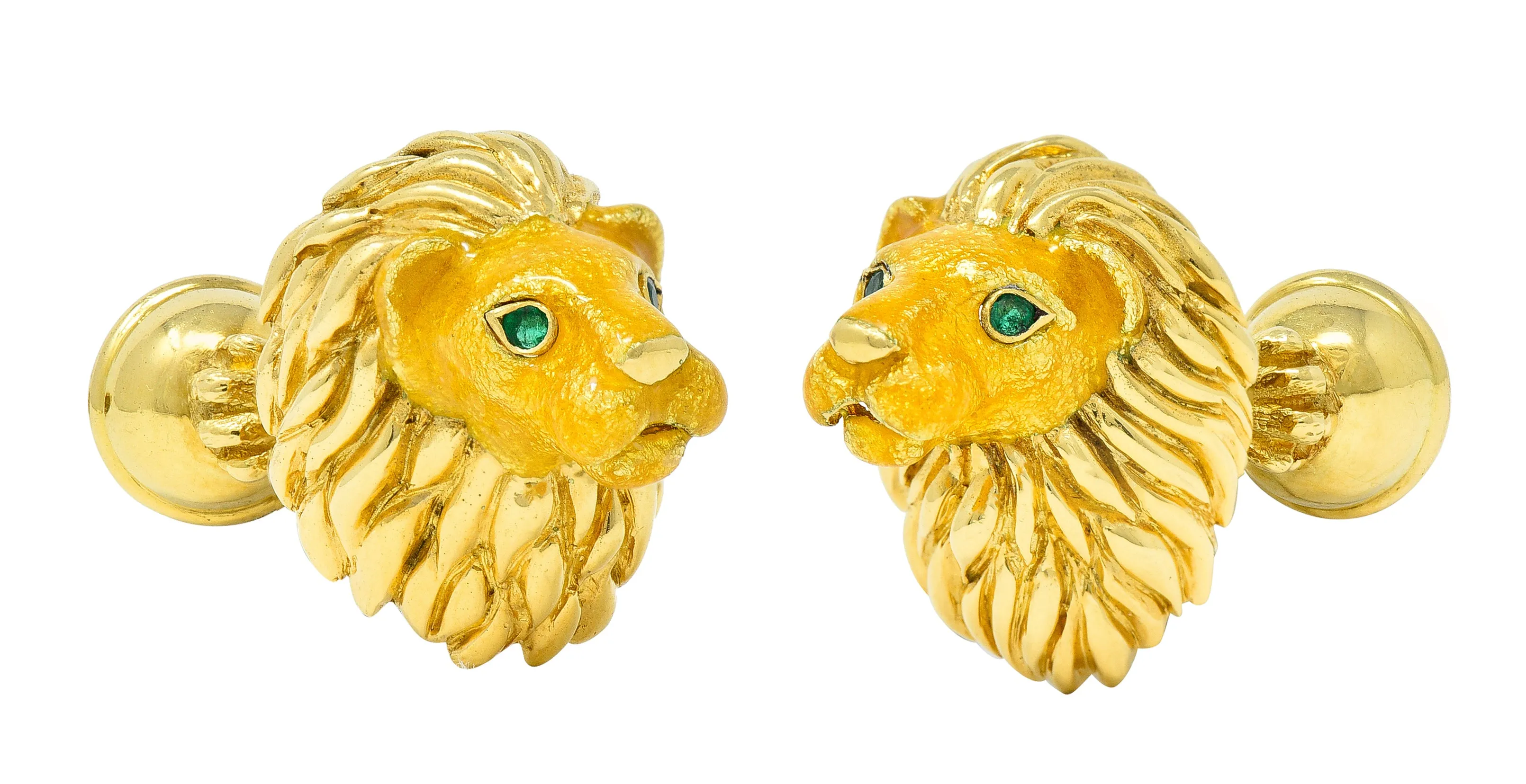 Tiffany & Co. Emerald Enamel 18 Karat Yellow Gold Lion Head Vintage Men's Cufflink Dress Set