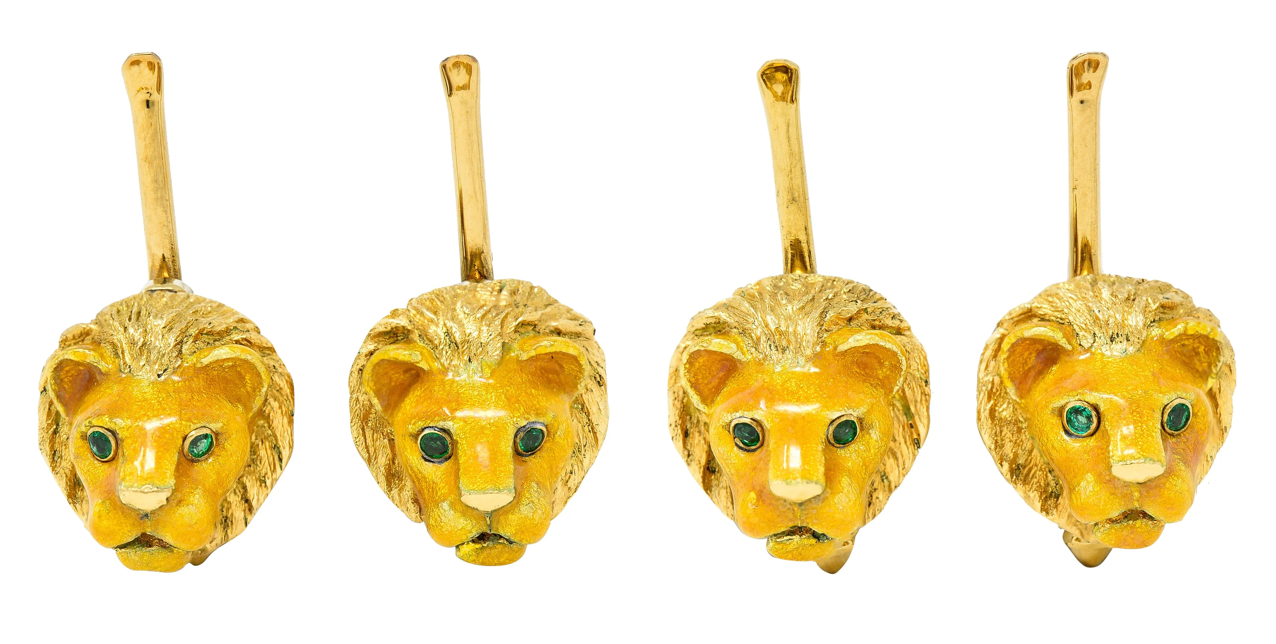 Tiffany & Co. Emerald Enamel 18 Karat Yellow Gold Lion Head Vintage Men's Cufflink Dress Set