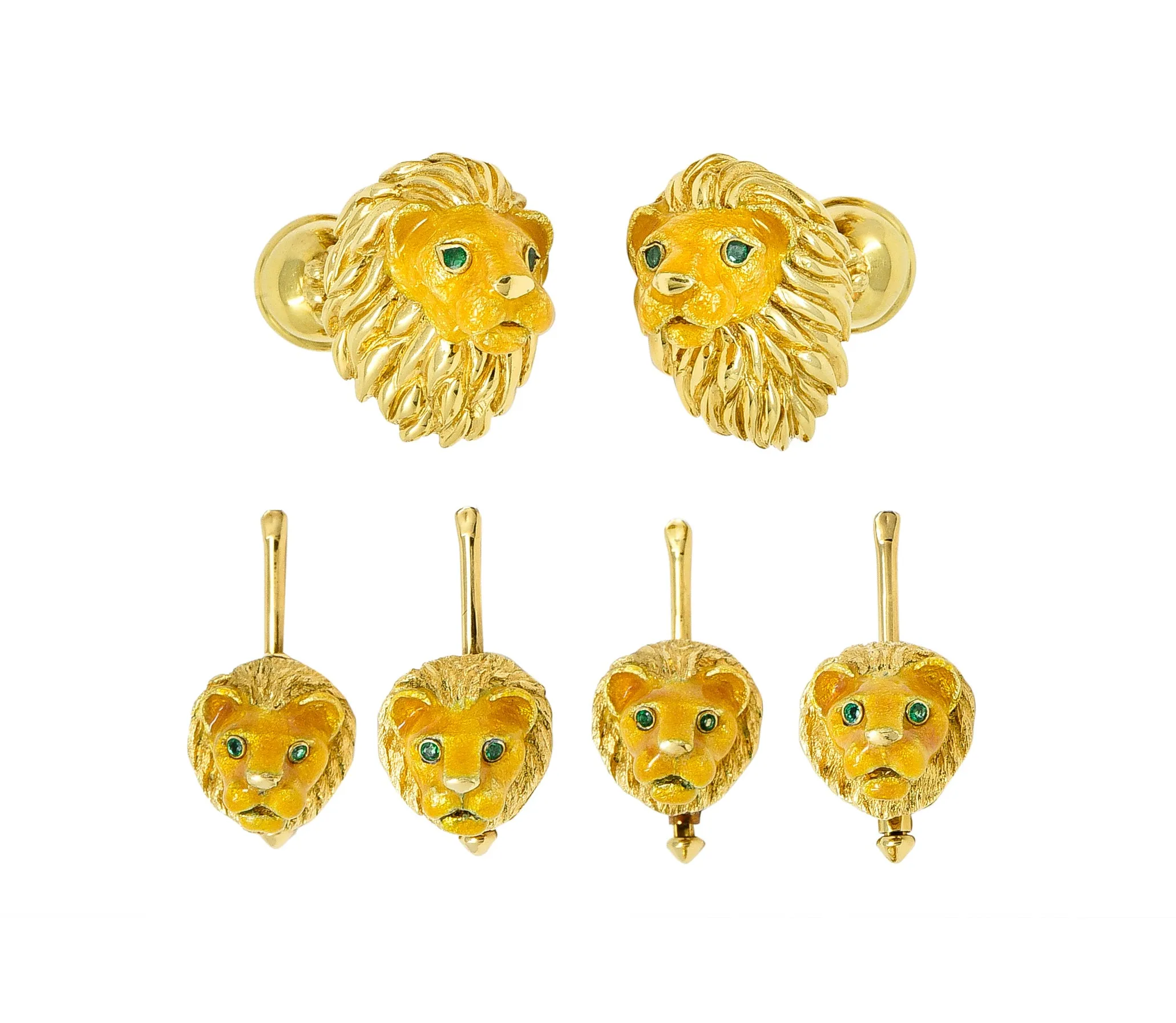 Tiffany & Co. Emerald Enamel 18 Karat Yellow Gold Lion Head Vintage Men's Cufflink Dress Set