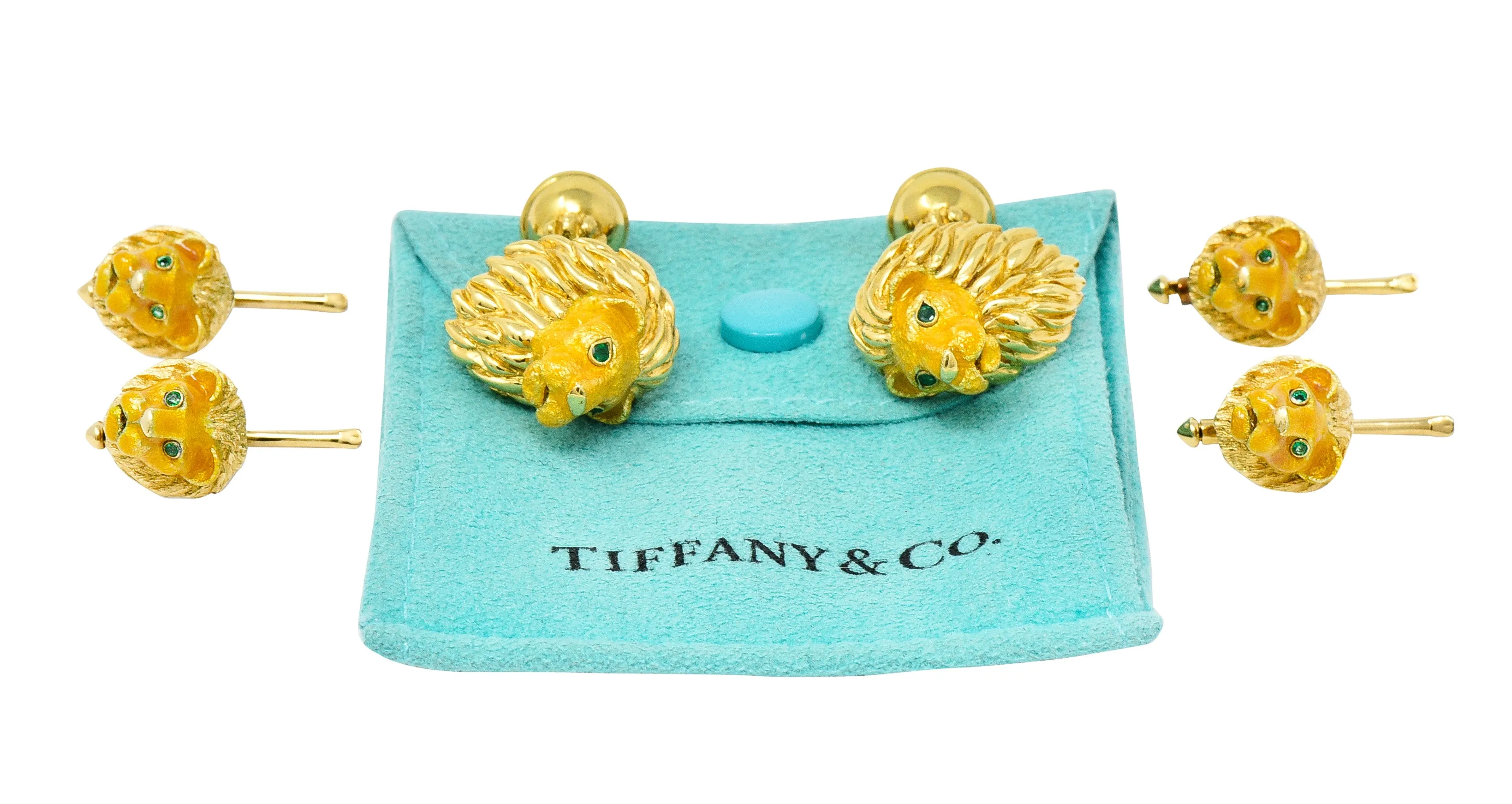 Tiffany & Co. Emerald Enamel 18 Karat Yellow Gold Lion Head Vintage Men's Cufflink Dress Set