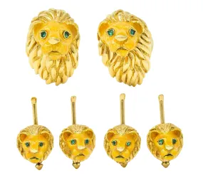 Tiffany & Co. Emerald Enamel 18 Karat Yellow Gold Lion Head Vintage Men's Cufflink Dress Set