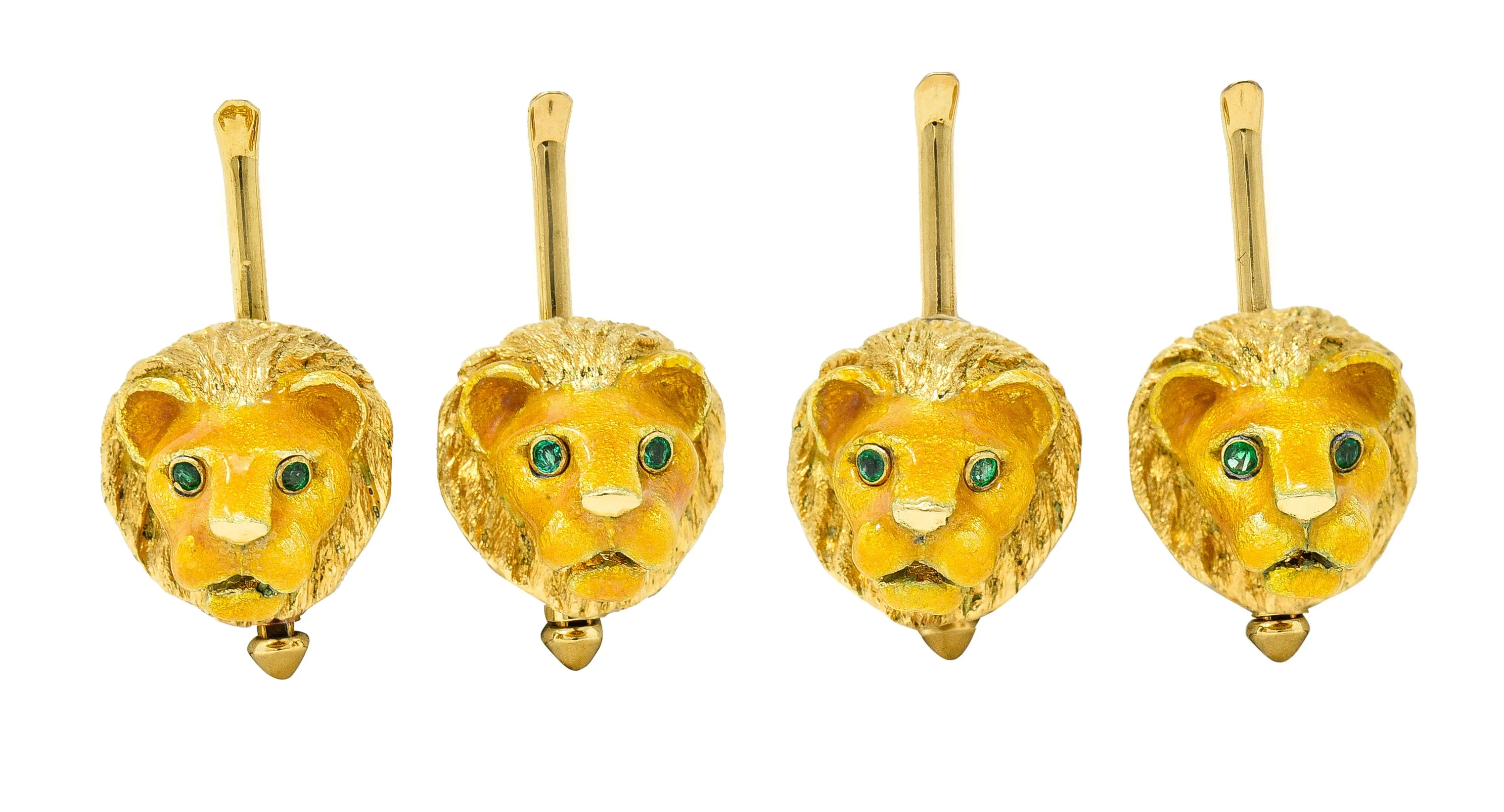 Tiffany & Co. Emerald Enamel 18 Karat Yellow Gold Lion Head Vintage Men's Cufflink Dress Set