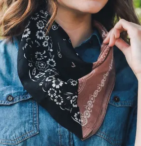 Two Toned Western Floral Bandana - Black/Tan