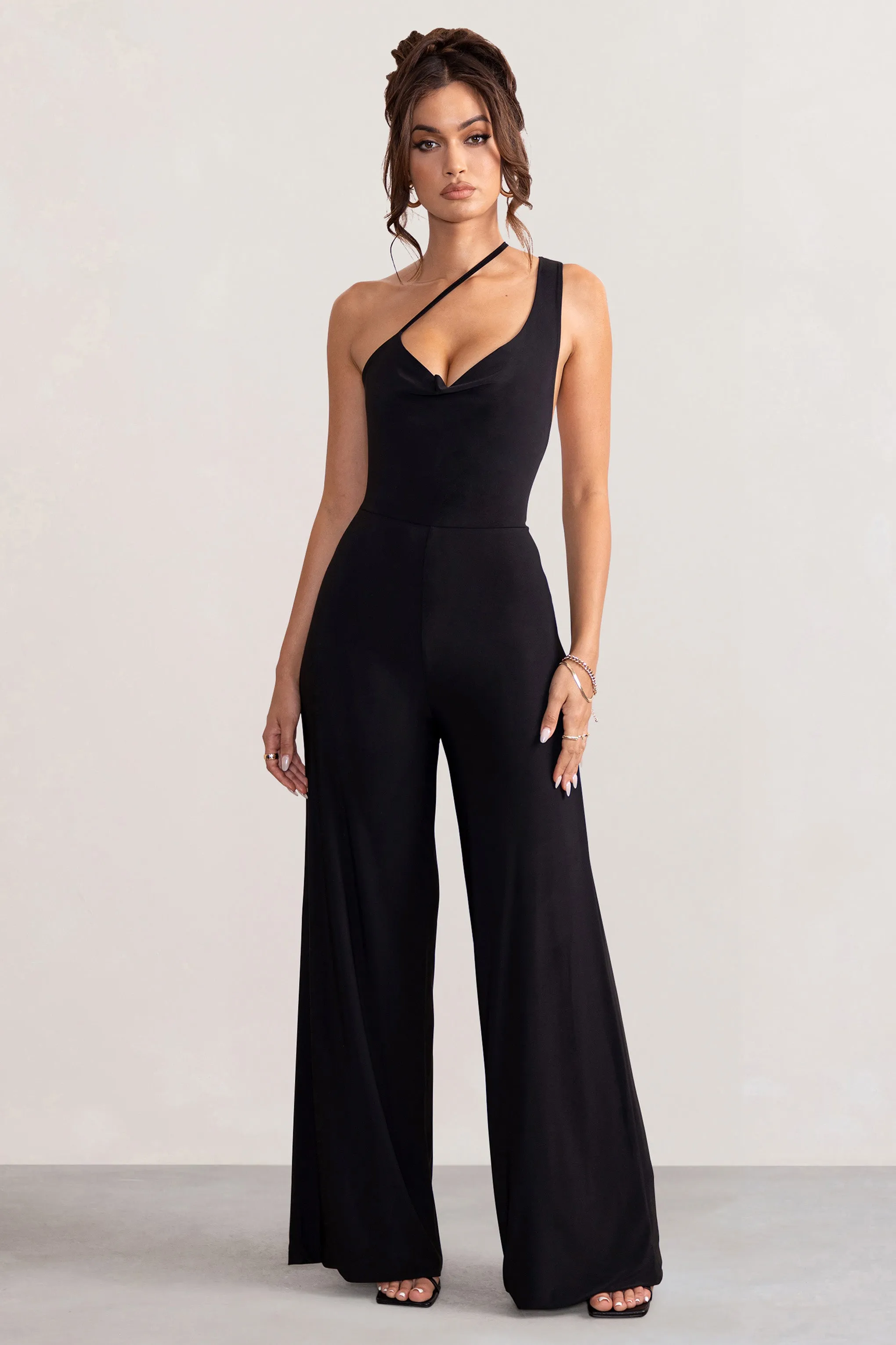 Vienna | Black Asymmetric Cowl Neck Wide Leg Jumpsuit With Open Back Detail