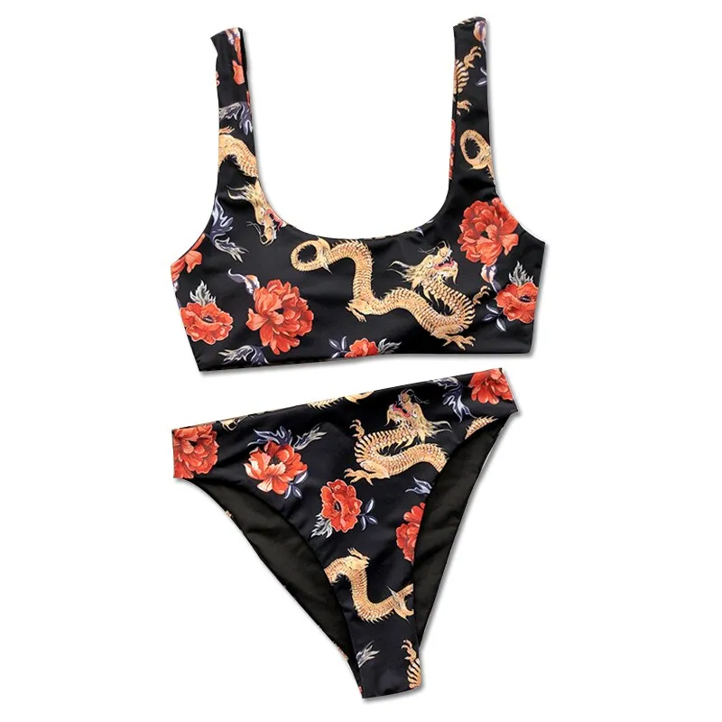 Vintage Dragon Floral Print Bandeau Bikini Set High Waist Women's Swimwear