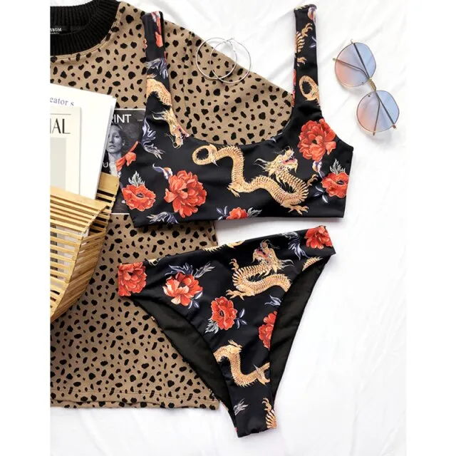 Vintage Dragon Floral Print Bandeau Bikini Set High Waist Women's Swimwear